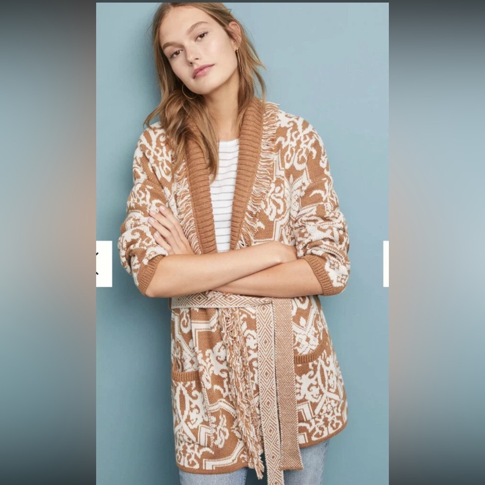 Anthropologie Akemi + Kin Fringed Intarsia Blanket Cardigan Tan White Sz XL